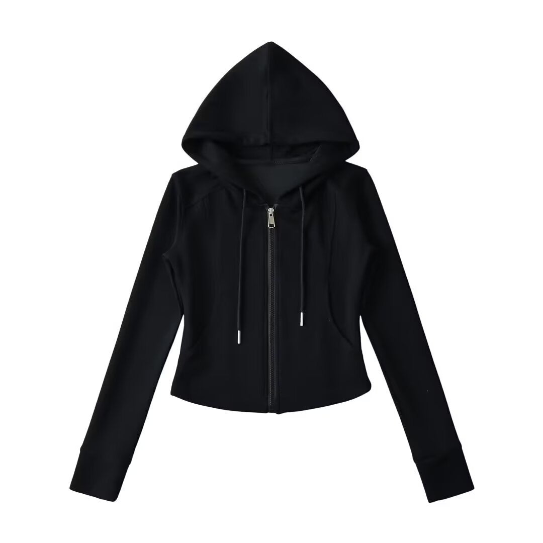 Drawstring hooded zipper long sleeved slim fit hoodie
