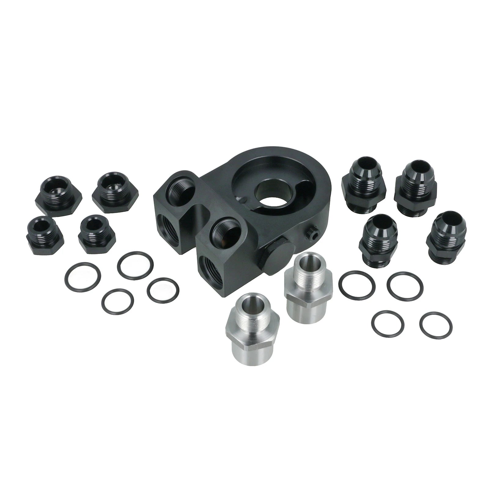 BOOST Products Billet Oil Filter Sandwich Plate Adapter  w/ Thermostat, black anodized