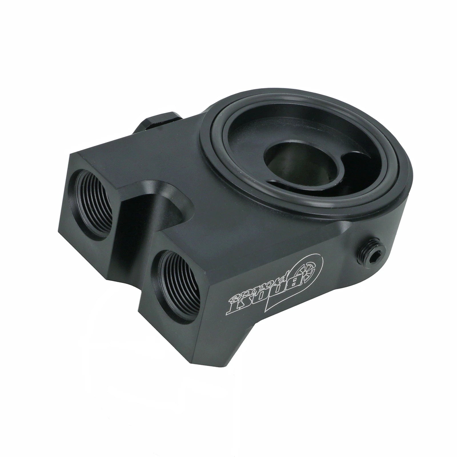BOOST Products Billet Oil Filter Sandwich Plate Adapter  w/ Thermostat, black anodized