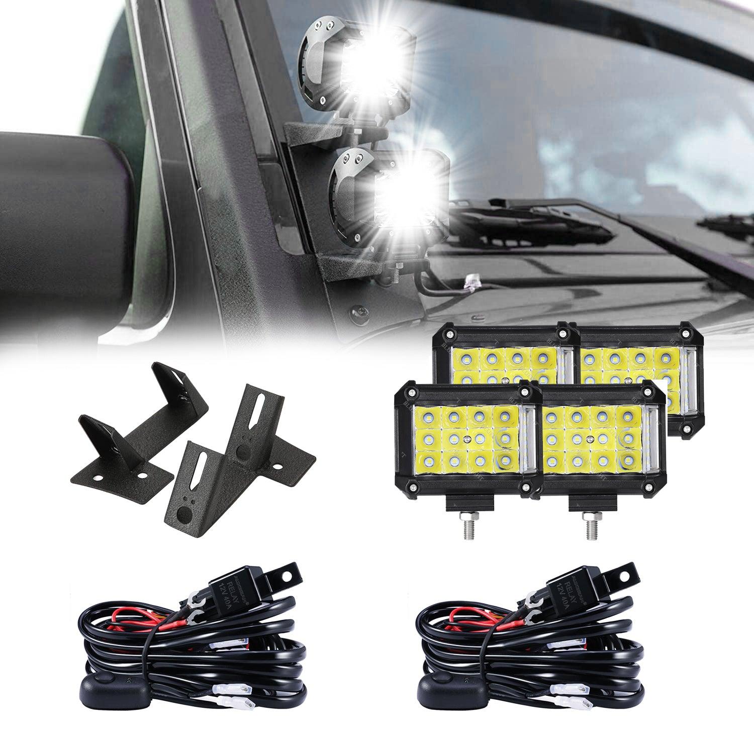 4pcs 4" LED PODS Combo Beam & Dual A-Pillar Light Lower Windshield Hinge Mounting Brackets For Wrangler JK 2DR/4DR 2007~2017