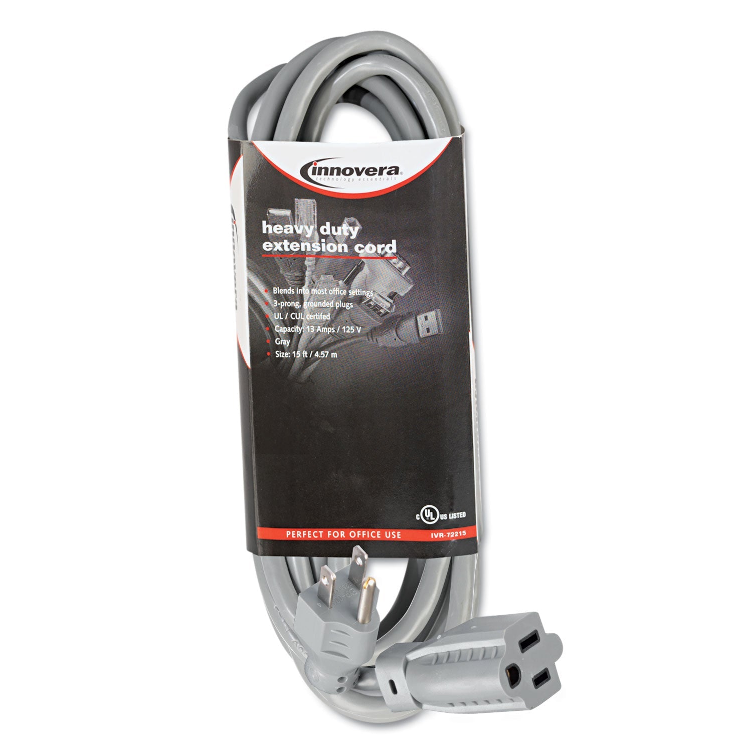 Innovera Indoor Heavy-Duty Extension Cord, 15 ft, 13 A, Gray