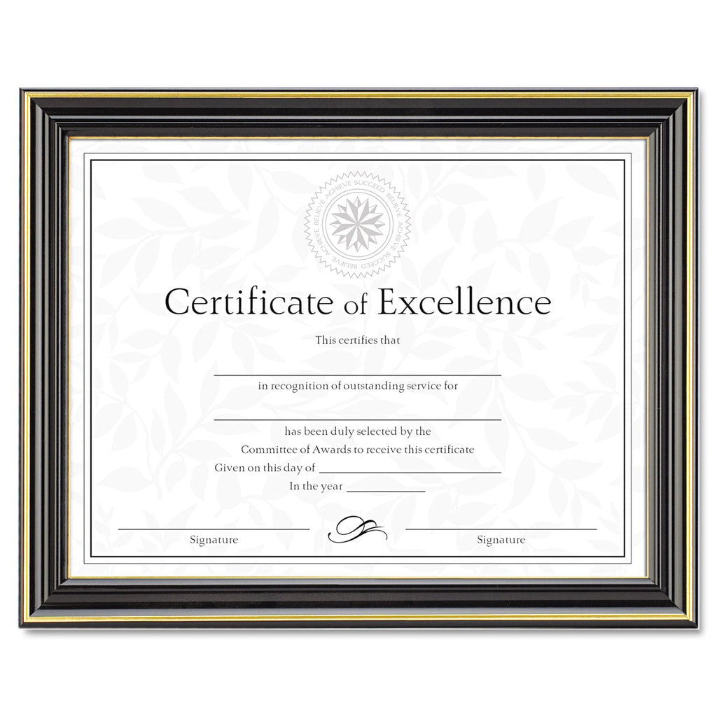 DAX Gold-Trimmed Document Frame with Certificate, Plastic/Glass, 8.5 x 11, Black