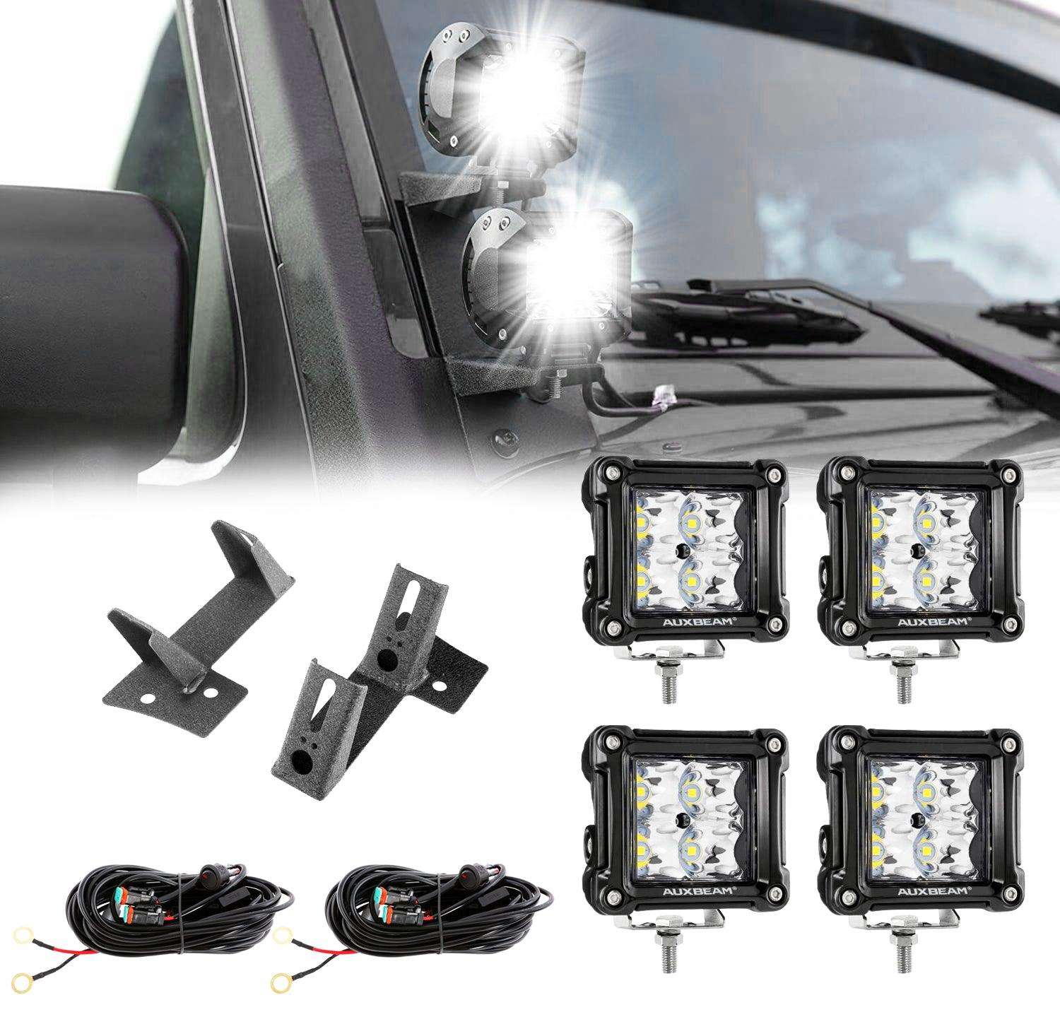 4pcs 3" SPOT PODS & Dual A-Pillar Light Lower Windshield Hinge Mounting Brackets For Wrangler JK 2DR/4DR 2007~2017