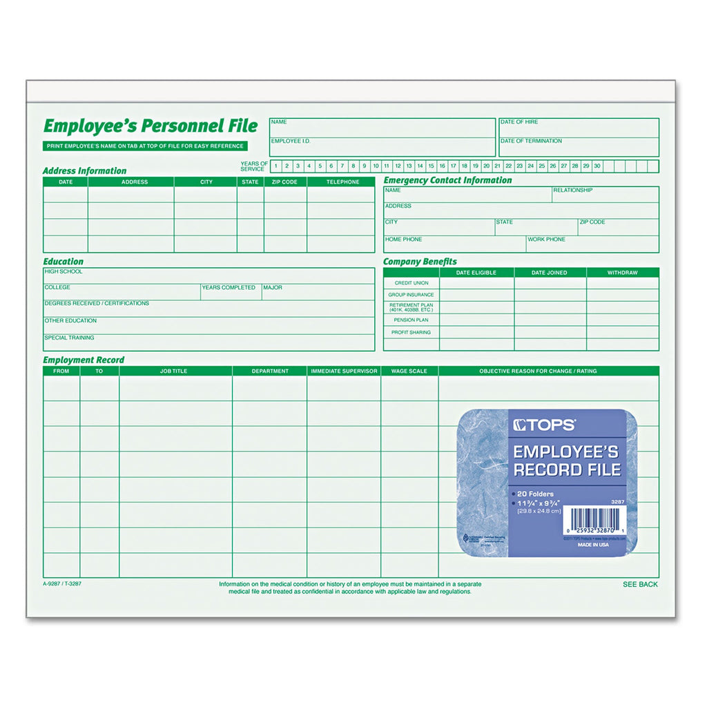 TOPS Employee's Record File Folder, Straight Tabs, Letter Size, Index Stock, Green, 20/Pack