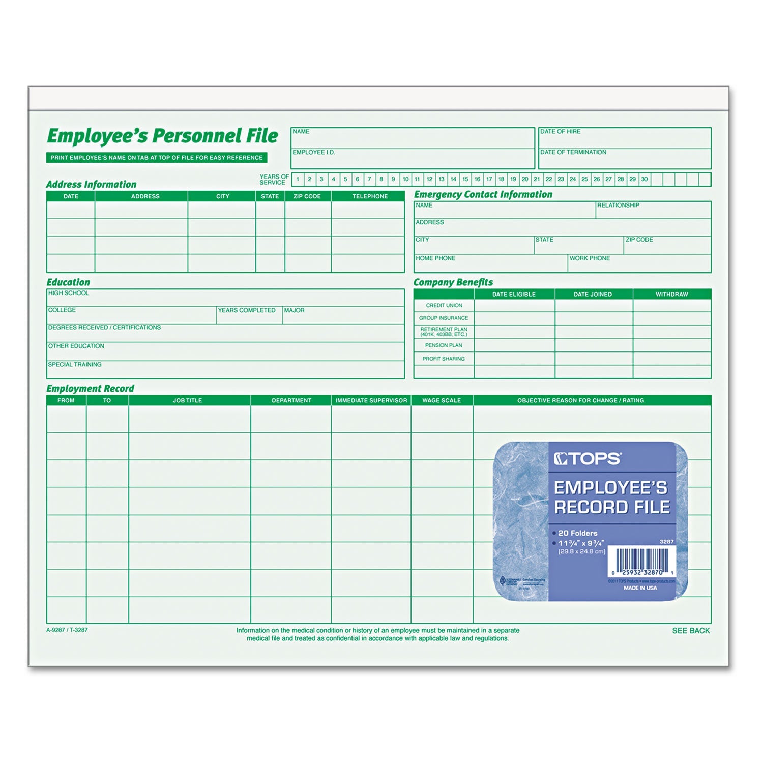 TOPS Employee's Record File Folder, Straight Tabs, Letter Size, Index Stock, Green, 20/Pack