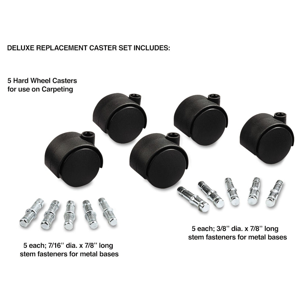 Master Caster Deluxe Duet Casters, Grip Ring Type B and Type K Stems, 2" Hard Nylon Wheel, Matte Black, 5/Set