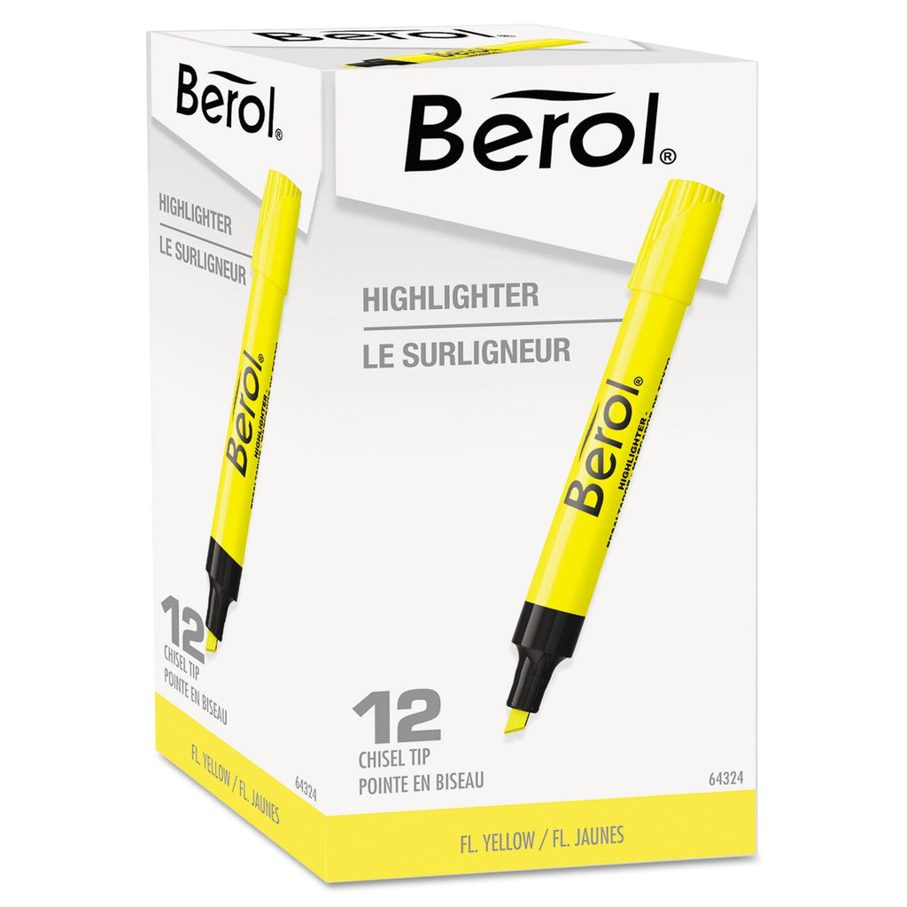 Berol 4009 Chisel Tip Highlighter, Fluorescent Yellow Ink, Chisel Tip, Yellow/Black Barrel, Dozen