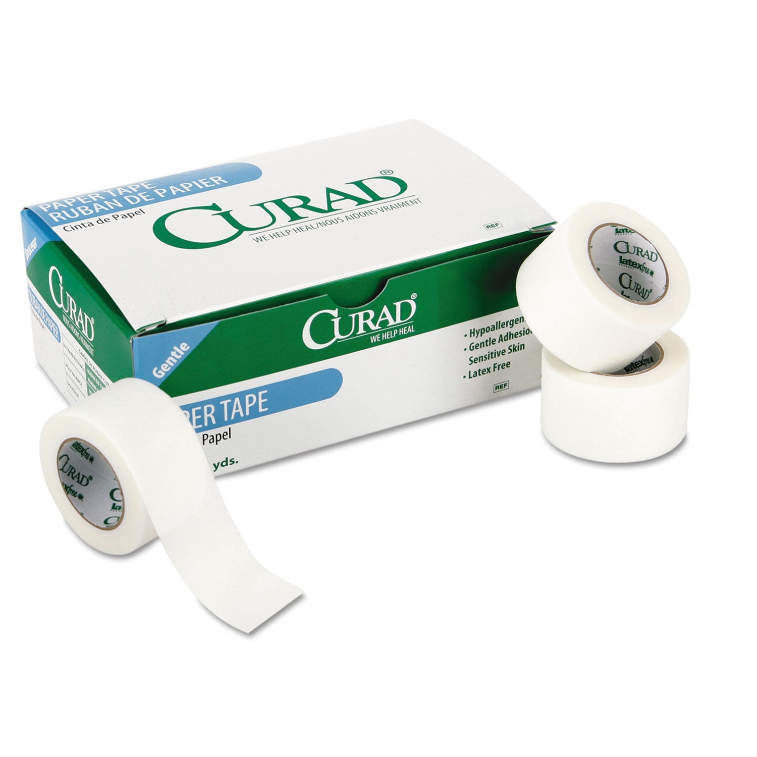 Curad Paper Adhesive Tape, Medium-Duty, Acrylic/Paper, 1" x 10 yds, White, 12/Pack