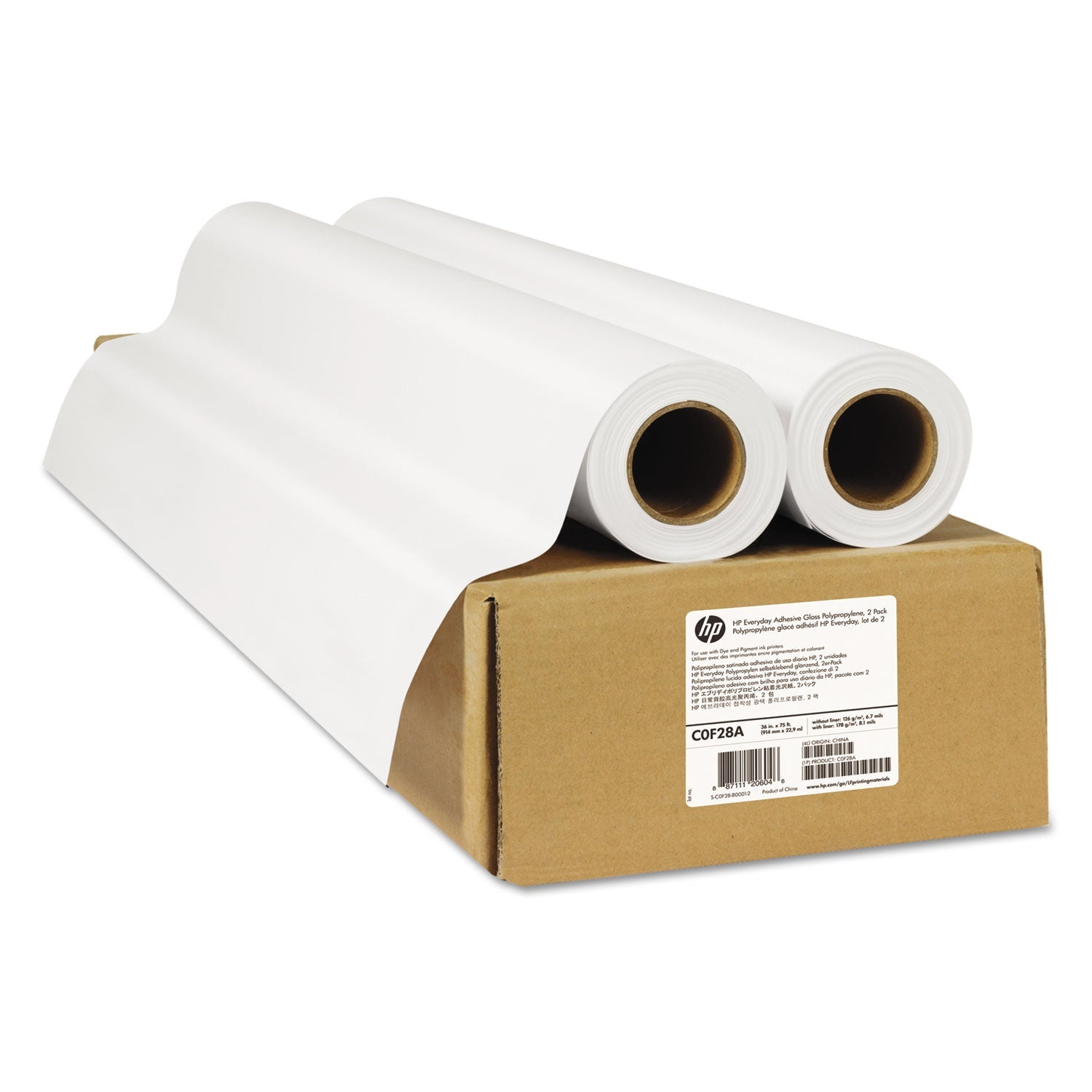 HP Everyday Adhesive Gloss Polypropylene, 2" Core, 36" x 75 ft, Glossy White, 2/Pack