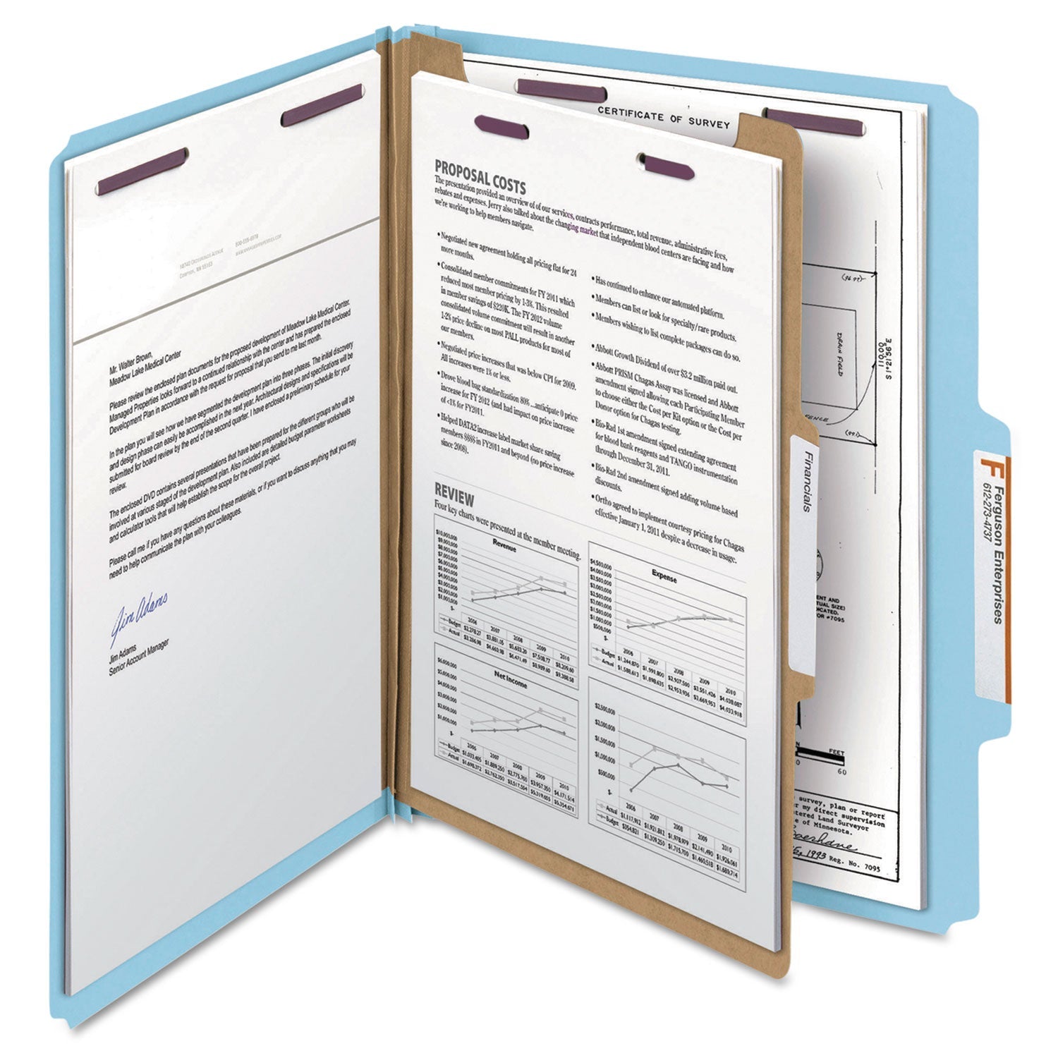 Smead Four-Section Pressboard Top Tab Classification Folders with SafeSHIELD Fasteners, 1 Divider, Letter Size, Blue, 10/Box