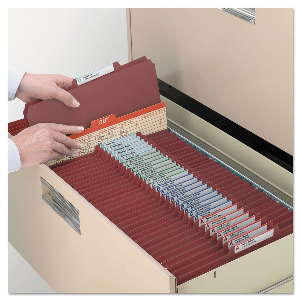 Smead Pressboard Classification Folders with SafeSHIELD Coated Fasteners, 2/5 Cut, 2 Dividers, Letter Size, Red, 10/Box