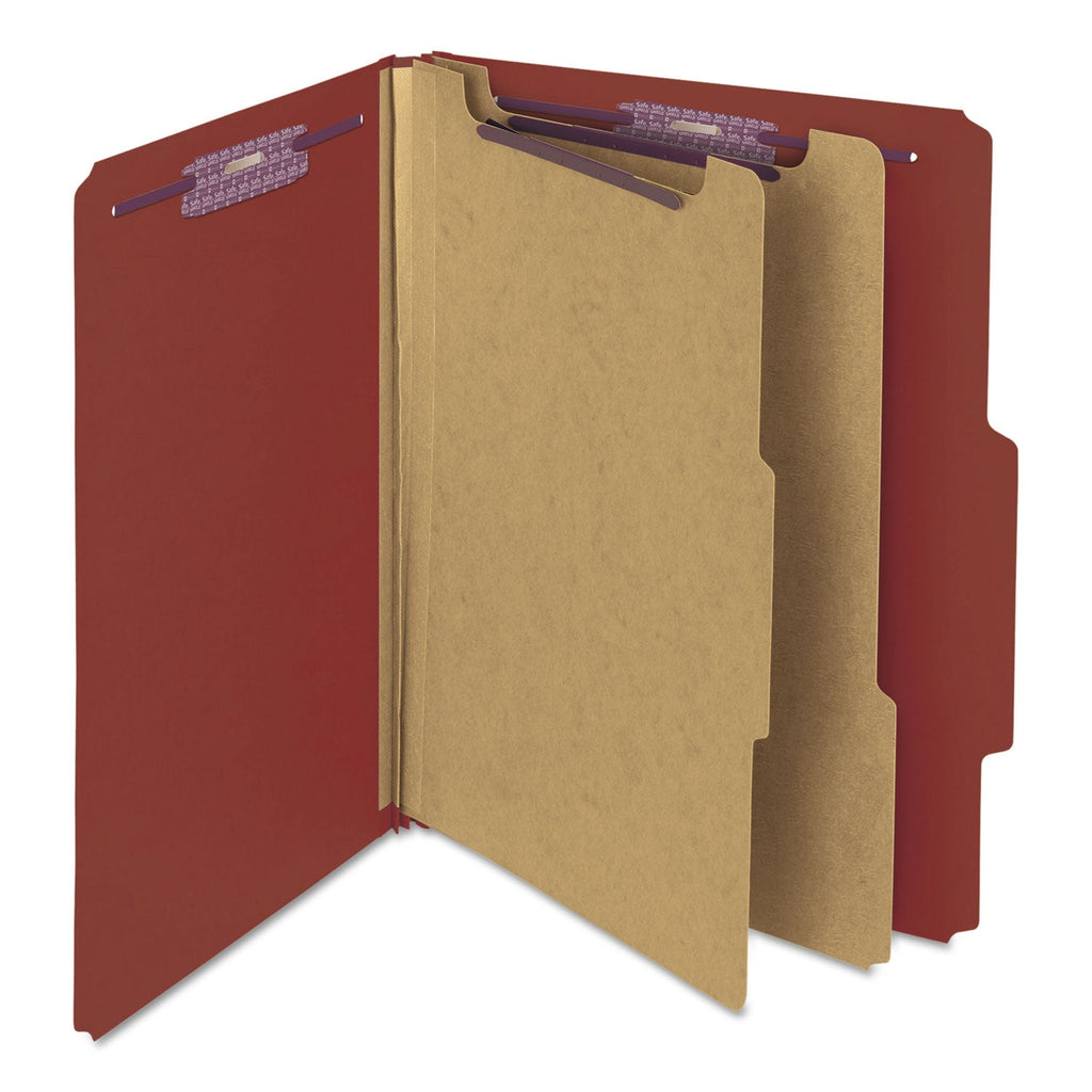 Smead Pressboard Classification Folders with SafeSHIELD Coated Fasteners, 2/5 Cut, 2 Dividers, Letter Size, Red, 10/Box