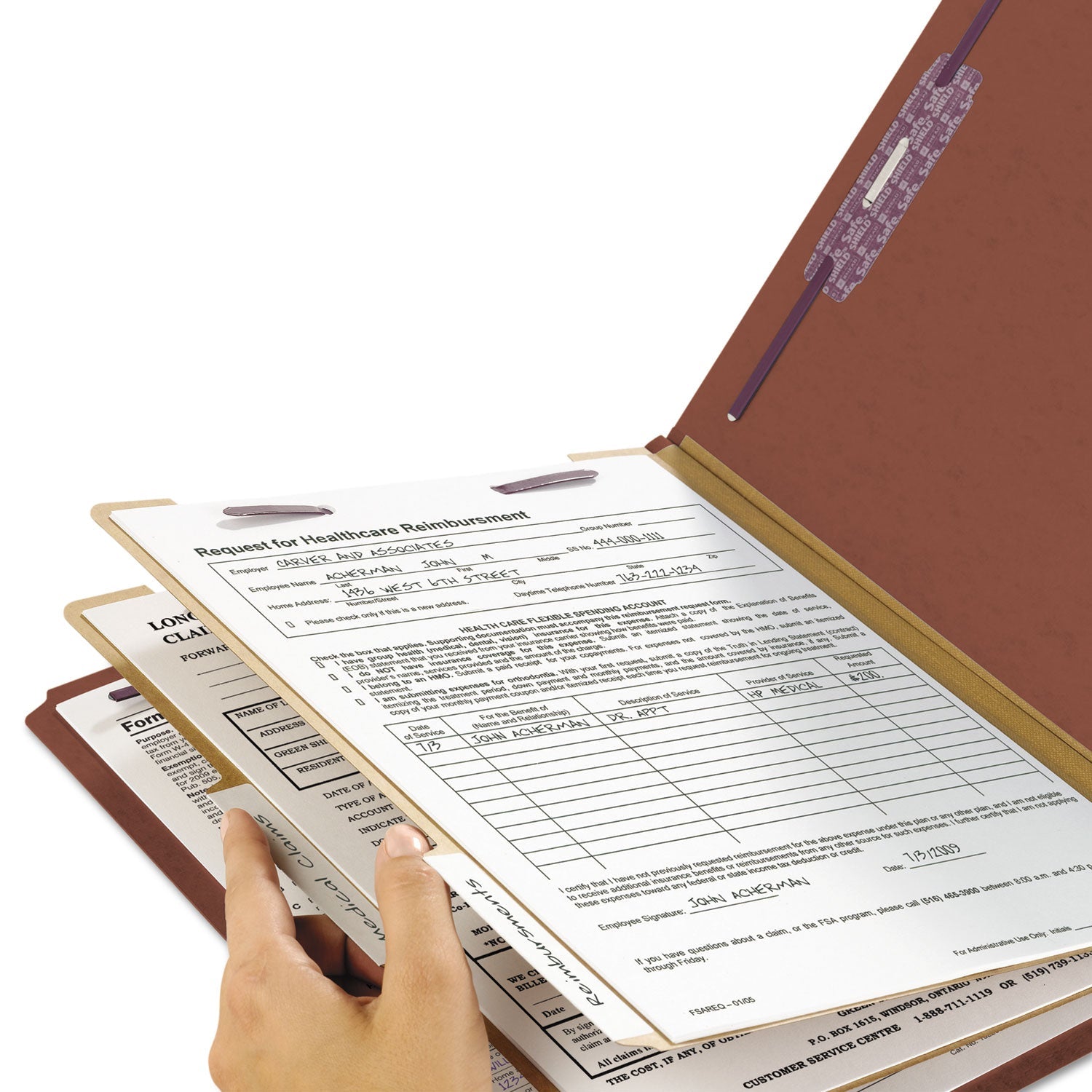 Smead Pressboard Classification Folders with SafeSHIELD Coated Fasteners, 2/5 Cut, 2 Dividers, Letter Size, Red, 10/Box