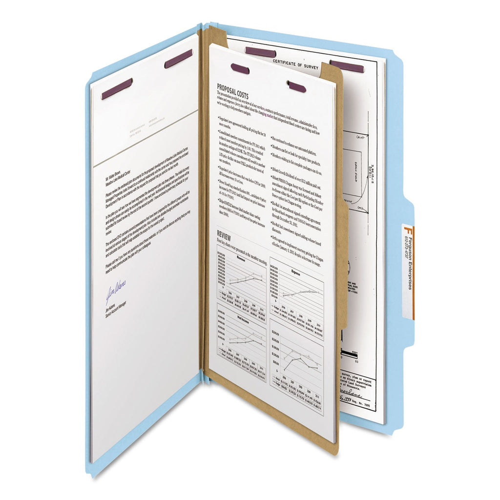 Smead Four-Section Pressboard Top Tab Classification Folders with SafeSHIELD Fasteners, 1 Divider, Legal Size, Blue, 10/Box