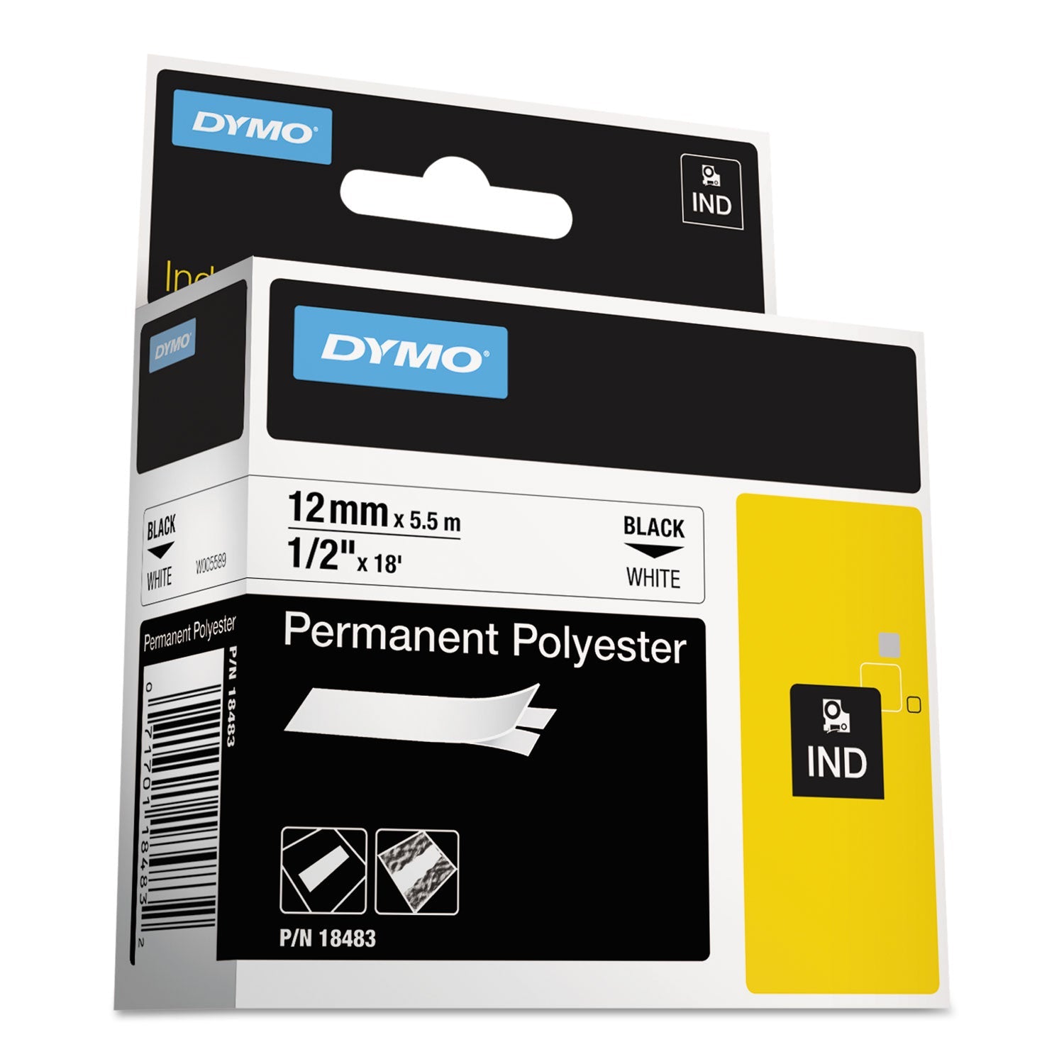 DYMO Rhino Permanent Poly Industrial Label Tape, 0.5" x 18 ft, White/Black Print