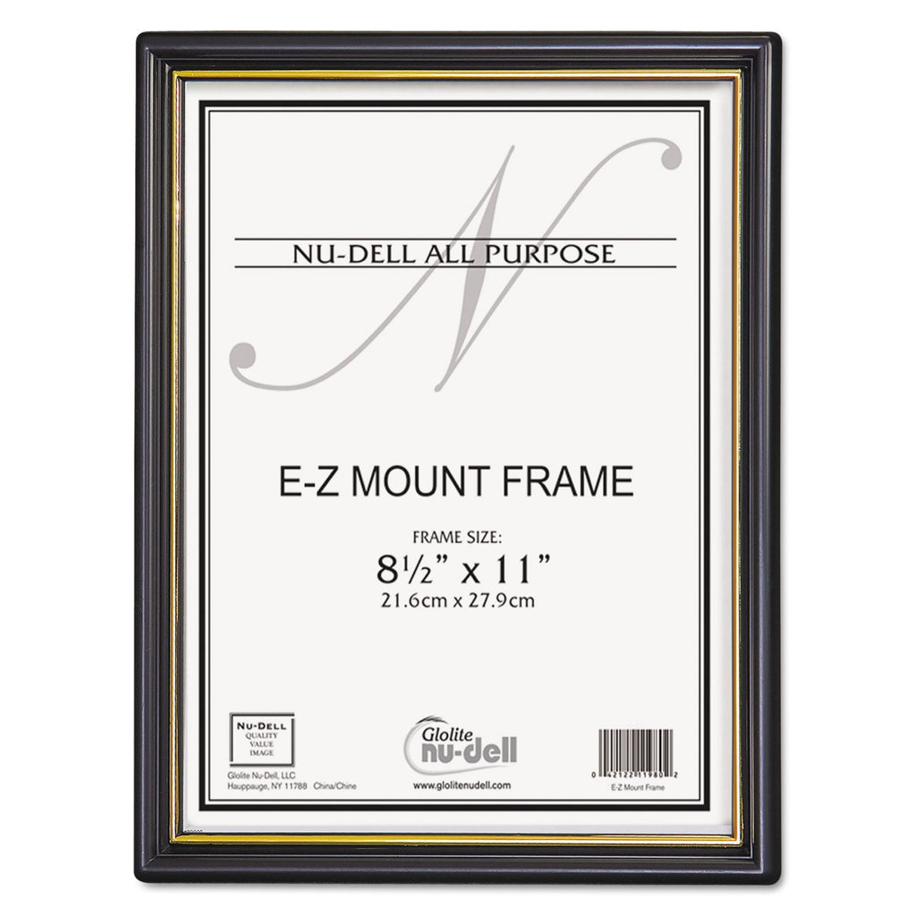 NuDell EZ Mount Document Frame with Trim Accent and Plastic Face, Plastic, 8.5 x 11 Insert, Black/Gold, 18/Carton