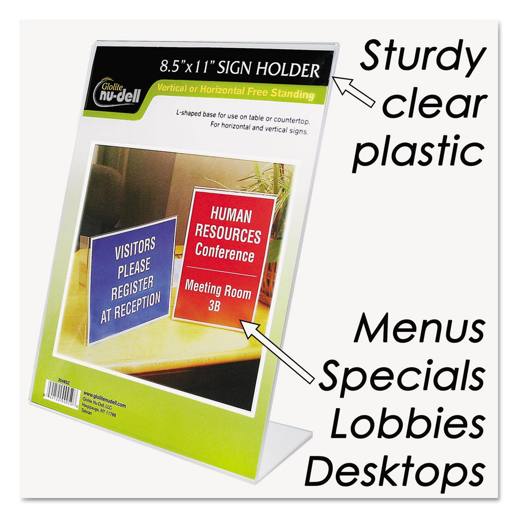 NuDell Clear Plastic Sign Holder, Stand-Up, Slanted, 8.5 x 11