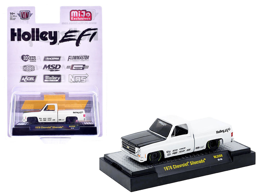 1978 Chevrolet Silverado Pickup Truck "Holley EFI" White with Black Hood Limited Edition to 10120 pieces Worldwide 1/64 Diecast Model Car by M2 Machines  free shipping USA