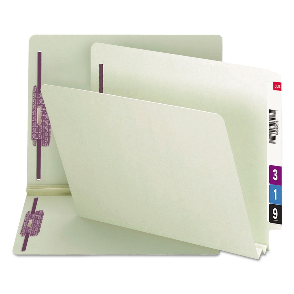 Smead End Tab Pressboard Classification Folders with Two SafeSHIELD Coated Fasteners, 2" Expansion, Letter Size, Gray-Green, 25/Box