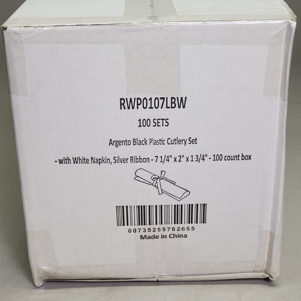 RESTAURANTWARE (100 Sets) Argento Black Plastic Cutlery Sets W/ Napkin 7.25" RWP0107LBW