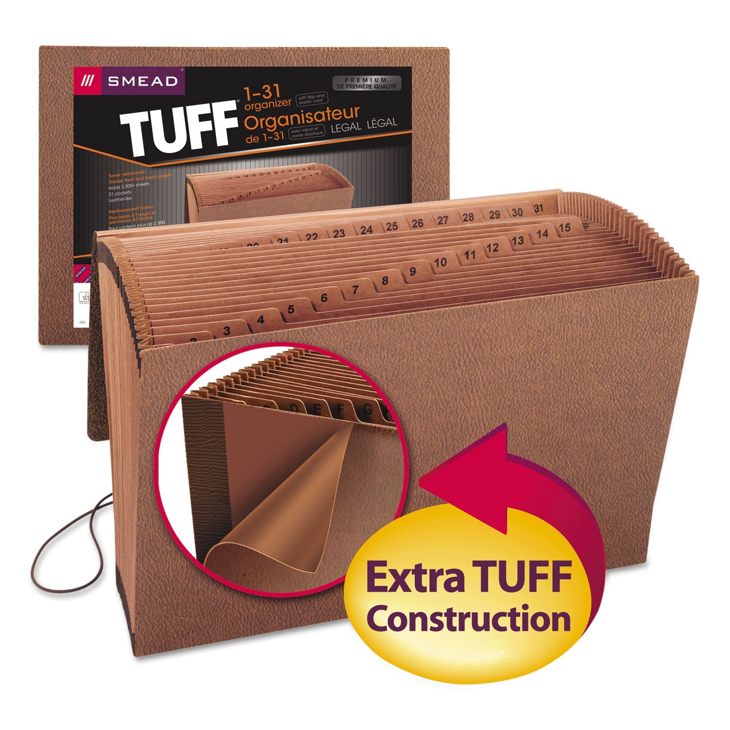 Smead TUFF Expanding Wallet, 31 Sections, Elastic Cord Closure, 1/15-Cut Tabs, Legal Size, Redrope