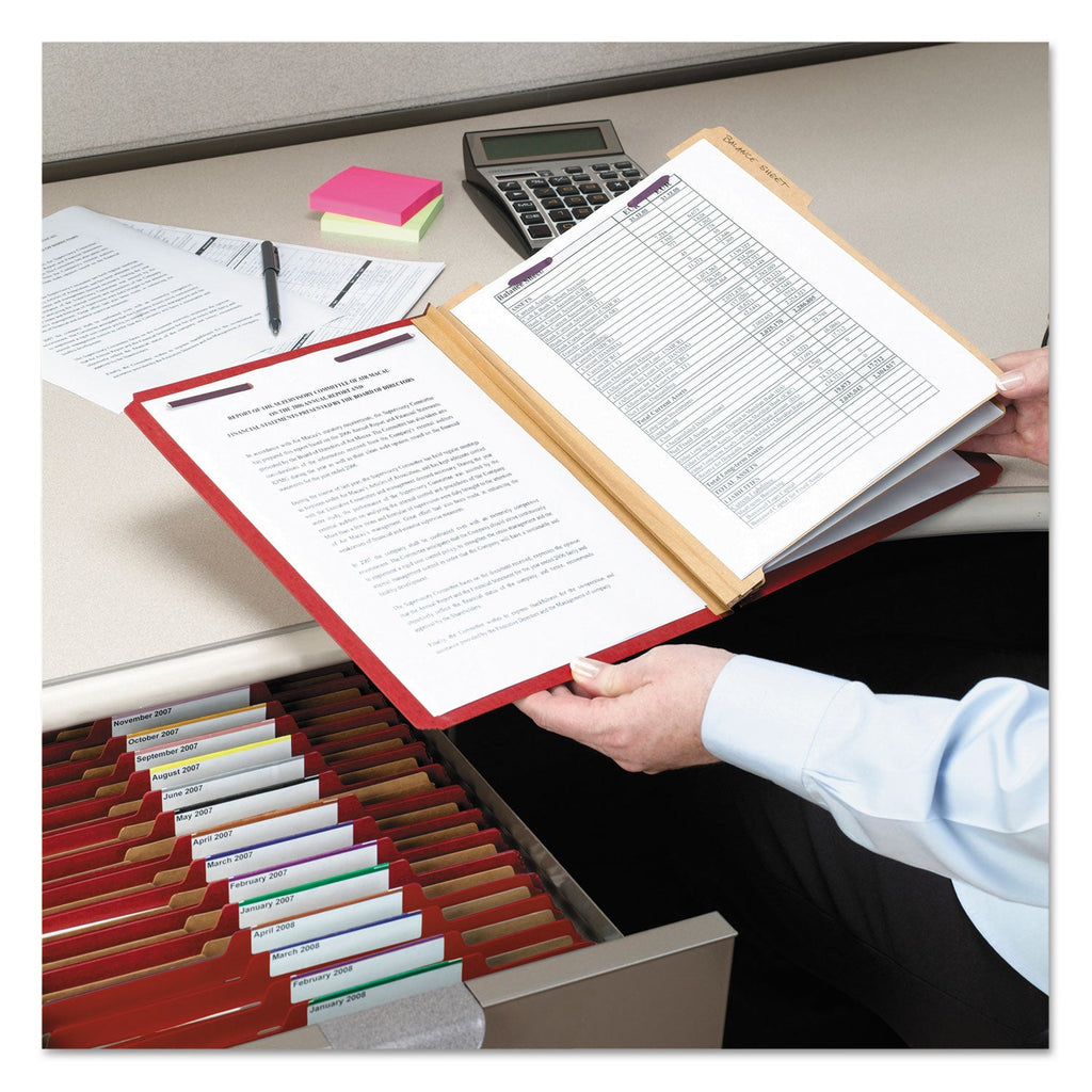 Smead Eight-Section Pressboard Top Tab Classification Folders with SafeSHIELD Fasteners, 3 Dividers, Letter Size, Bright Red, 10/BX