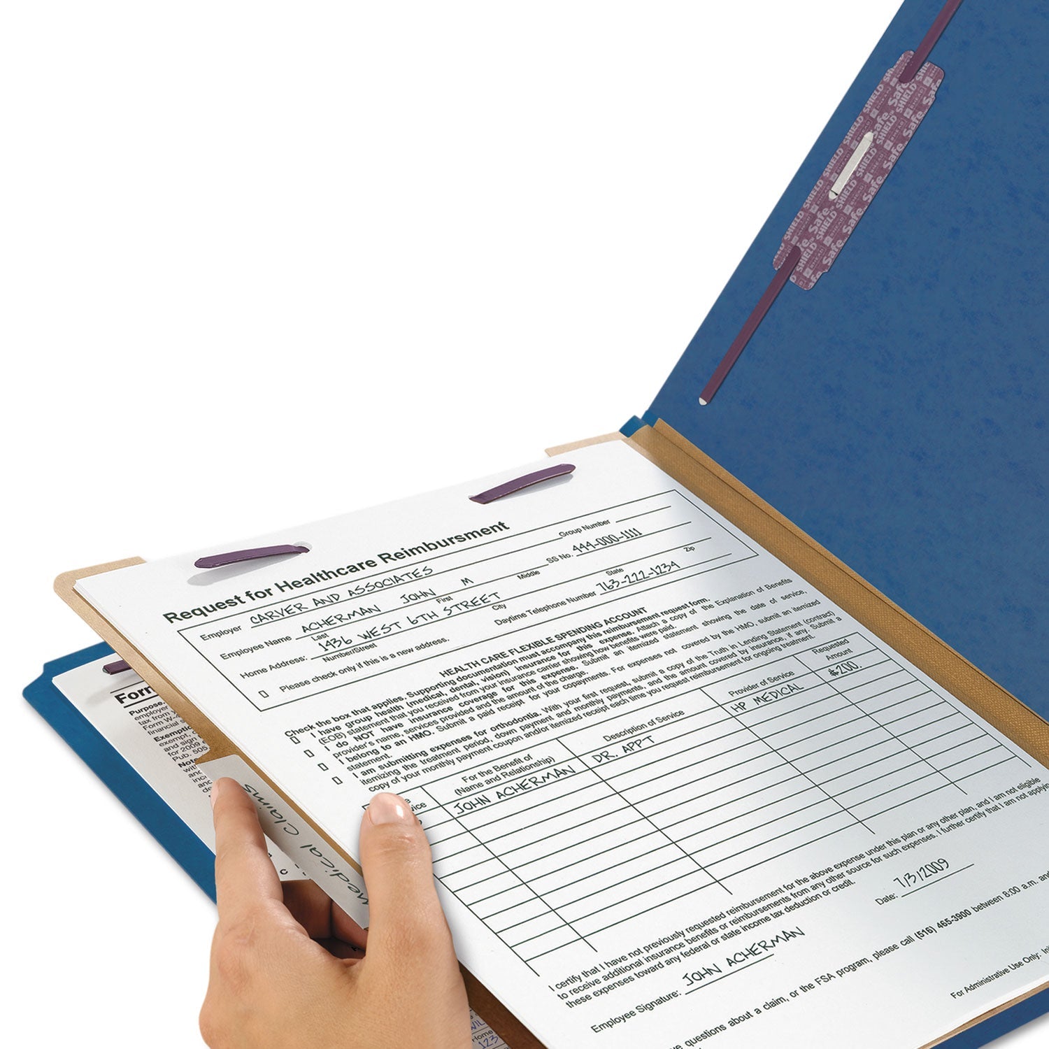 Smead Four-Section Pressboard Top Tab Classification Folders with SafeSHIELD Fasteners, 1 Divider, Letter Size, Dark Blue, 10/Box