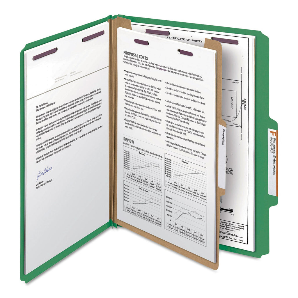 Smead Four-Section Pressboard Top Tab Classification Folders with SafeSHIELD Fasteners, 1 Divider, Letter Size, Green, 10/Box