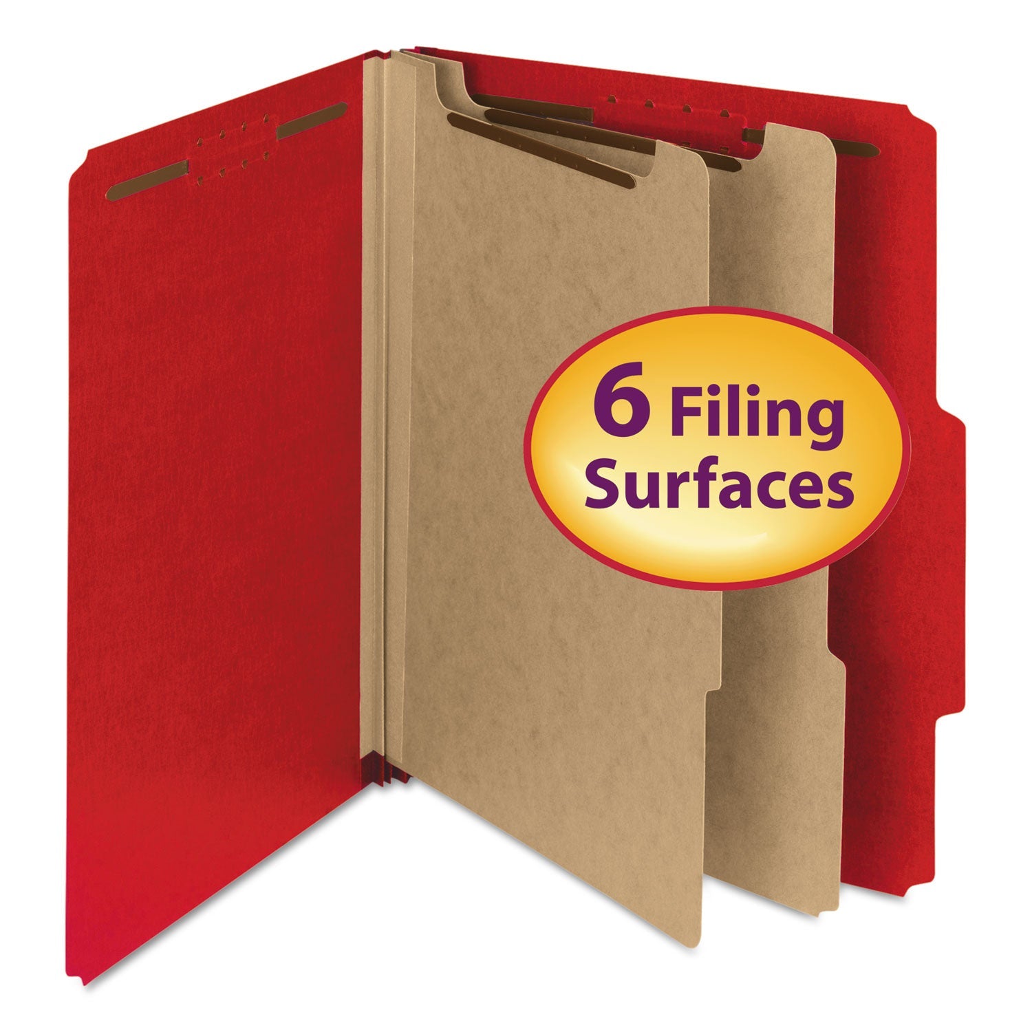 Smead 100% Recycled Pressboard Classification Folders, 2 Dividers, Letter Size, Bright Red, 10/Box