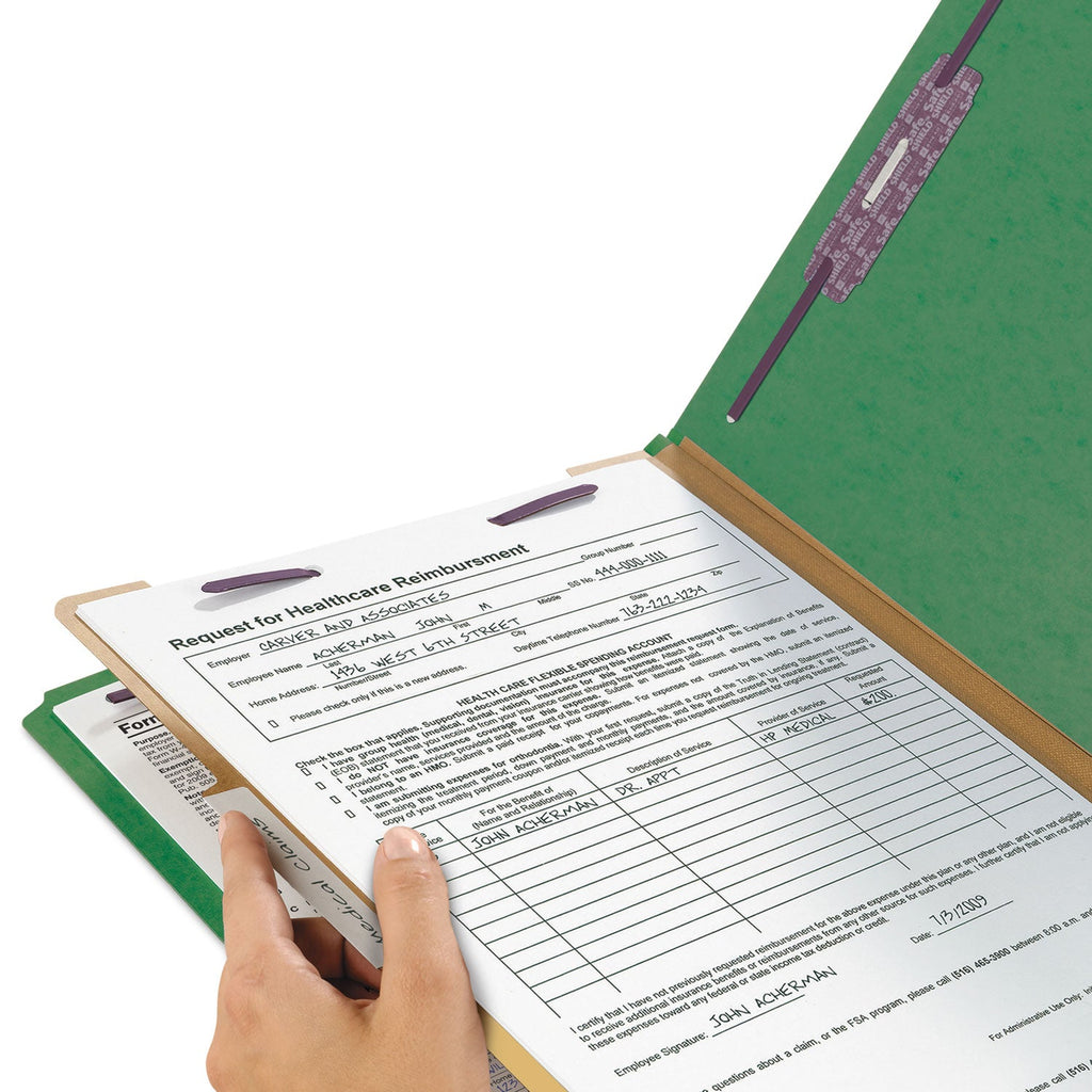 Smead Four-Section Pressboard Top Tab Classification Folders with SafeSHIELD Fasteners, 1 Divider, Legal Size, Green, 10/Box