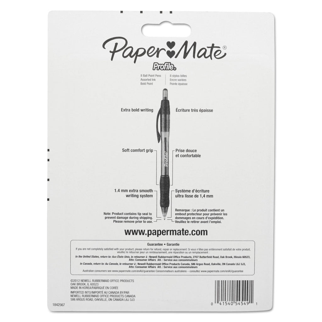Paper Mate Profile Ballpoint Pen, Retractable, Bold 1.4 mm, Assorted Ink and Barrel Colors, 8/Pack