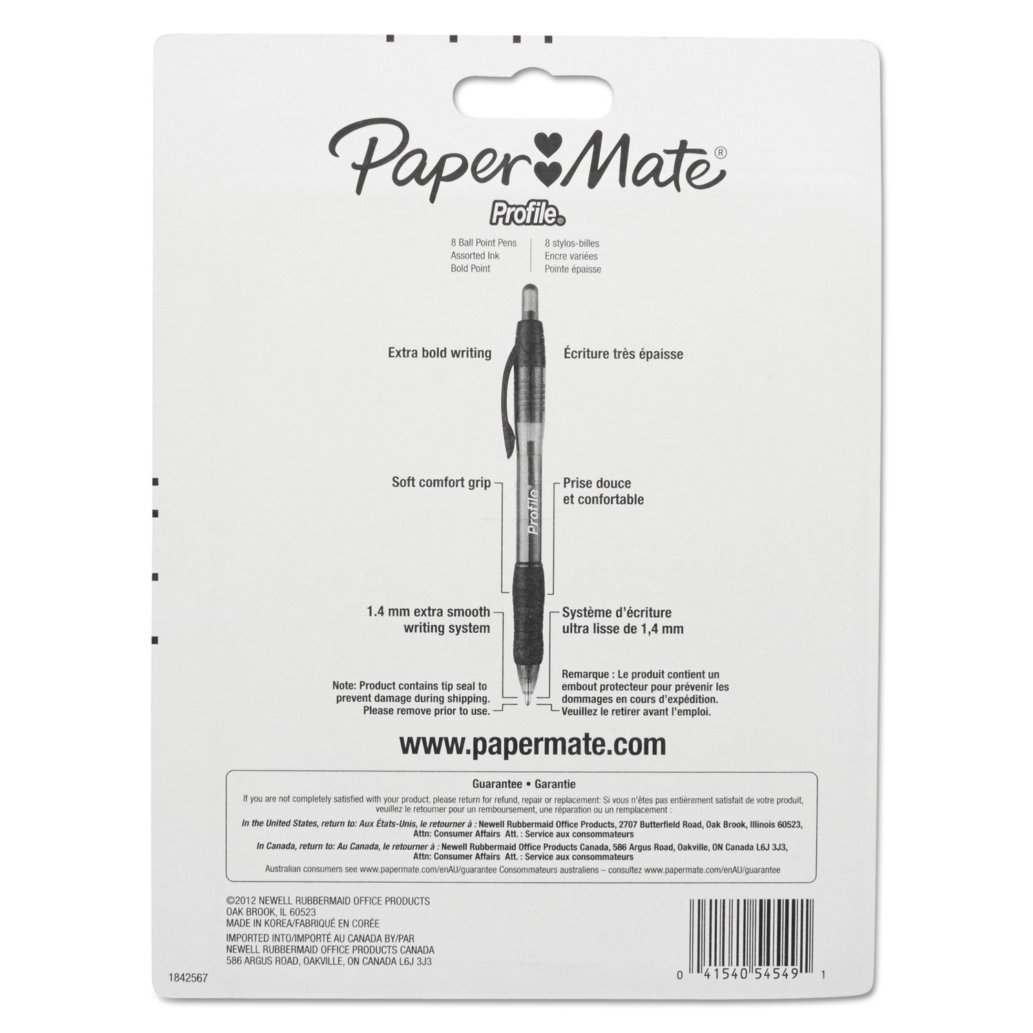 Paper Mate Profile Ballpoint Pen, Retractable, Bold 1.4 mm, Assorted Ink and Barrel Colors, 8/Pack
