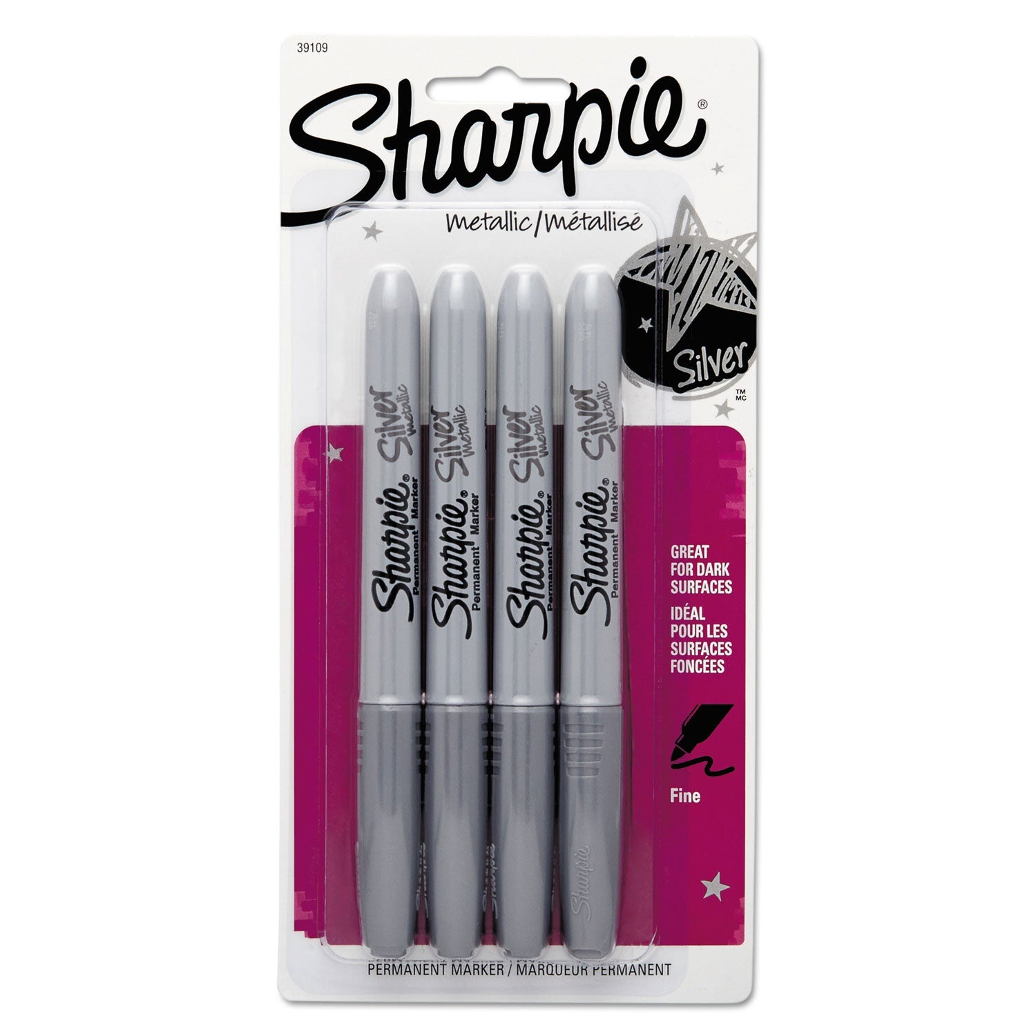 Sharpie Metallic Fine Point Permanent Markers, Fine Bullet Tip, Metallic Silver, 4/Pack