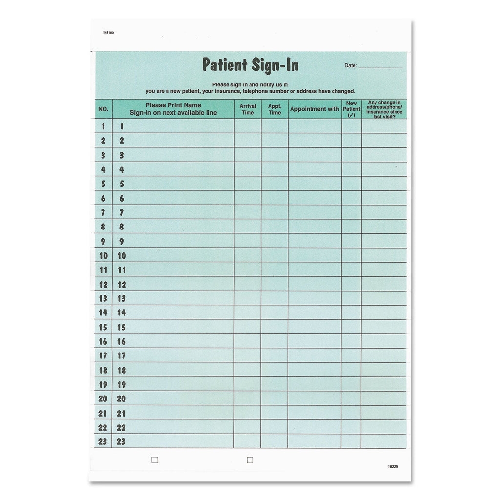 Tabbies Patient Sign-In Label Forms, Two-Part Carbon, 8.5 x 11.63, Green, 1/Page, 125 Forms