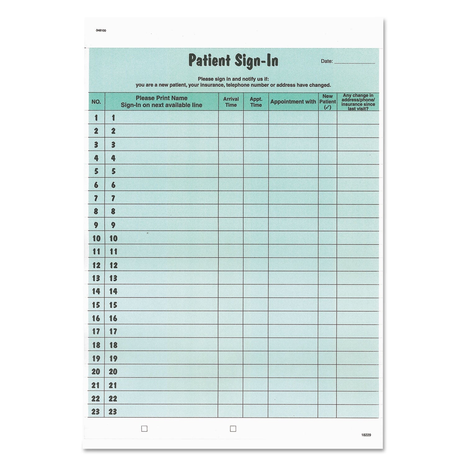 Tabbies Patient Sign-In Label Forms, Two-Part Carbon, 8.5 x 11.63, Green, 1/Page, 125 Forms