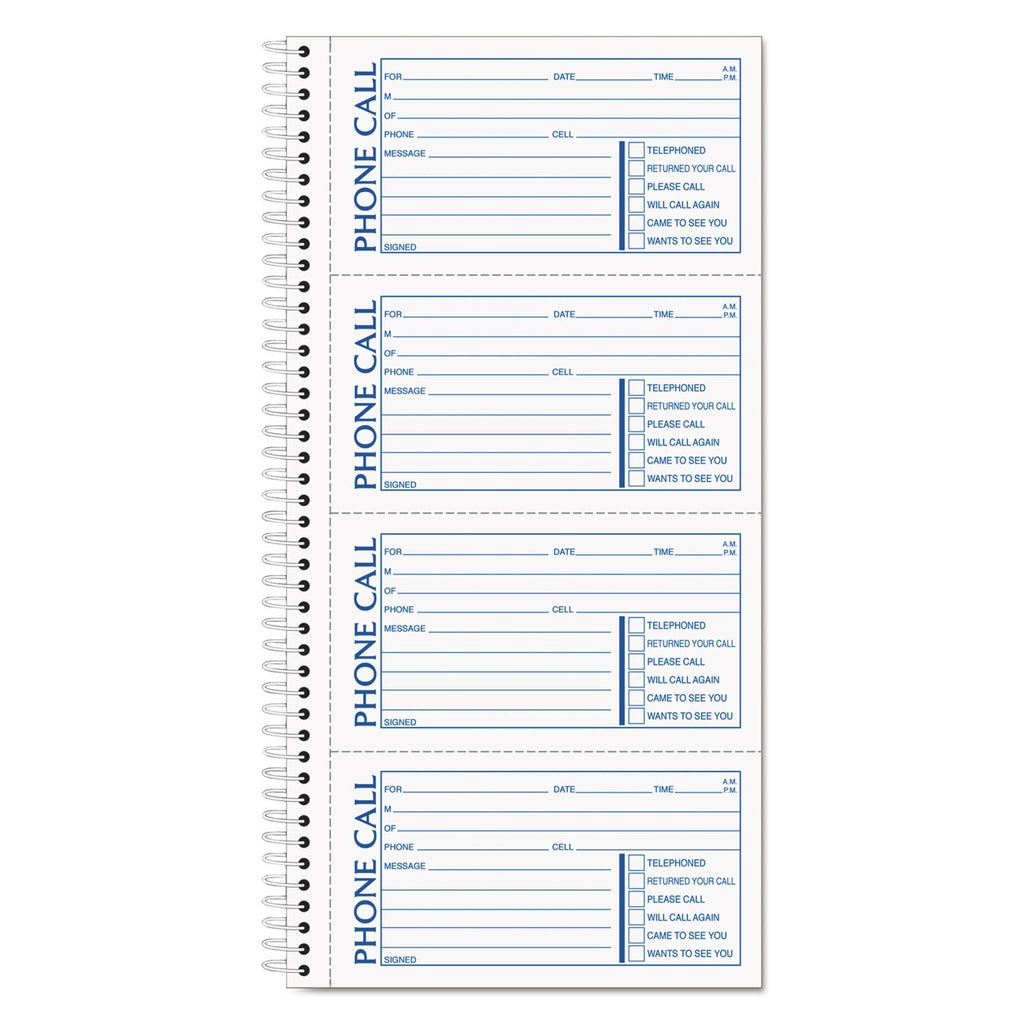 TOPS Spiralbound Message Book, Two-Part Carbonless, 2.75 x 5, 4/Page, 400 Forms