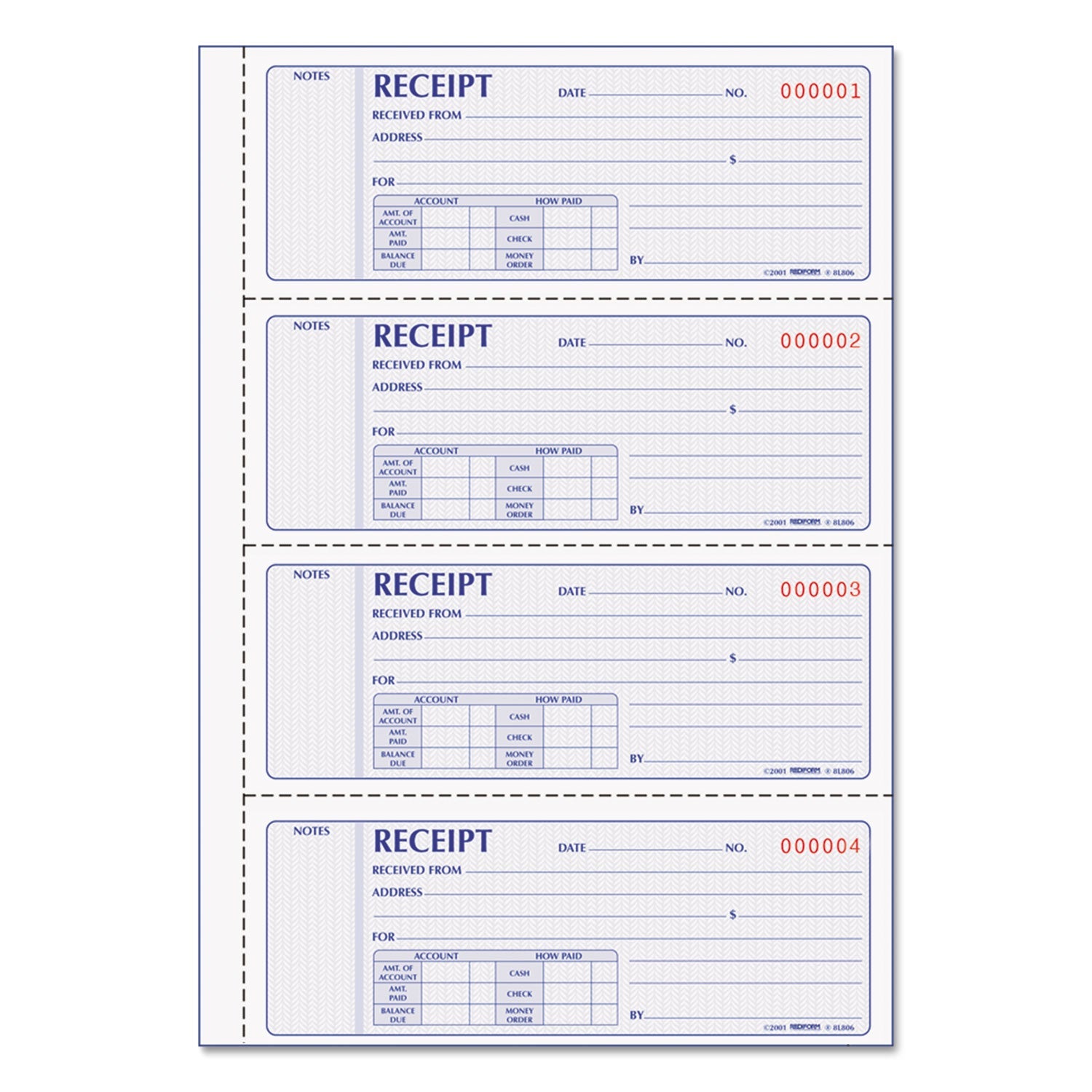 Rediform Money Receipt Book, Two-Part Carbonless, 7 x 2.75, 4/Page, 200 Forms