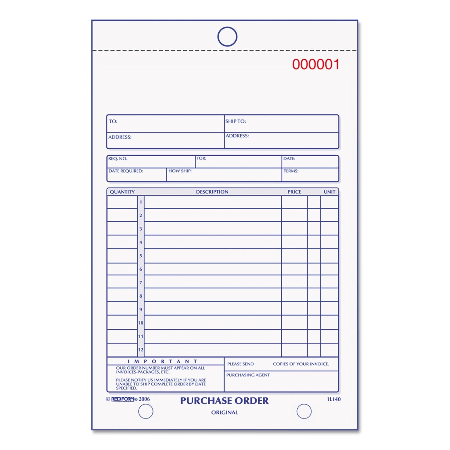 Rediform Purchase Order Book, Bottom Punch, Two-Part Carbonless, 5.5 x 7.88, 1/Page, 50 Forms