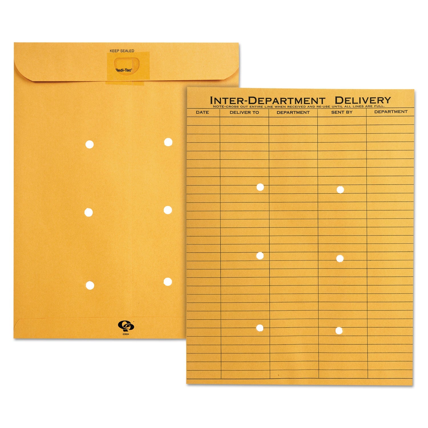 Quality Park Brown Kraft Resealable Redi-Tac Interoffice Envelope, #97, One-Sided Five-Column Format, 10 x 13, Brown Kraft, 100/Box