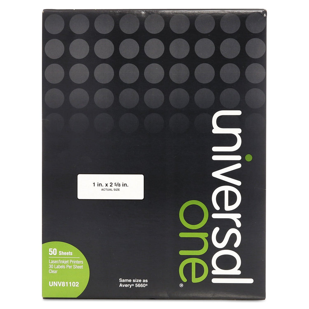 Universal Deluxe Clear Labels, Inkjet/Laser Printers, 1 x 2.63, Clear, 30/Sheet, 50 Sheets/Box