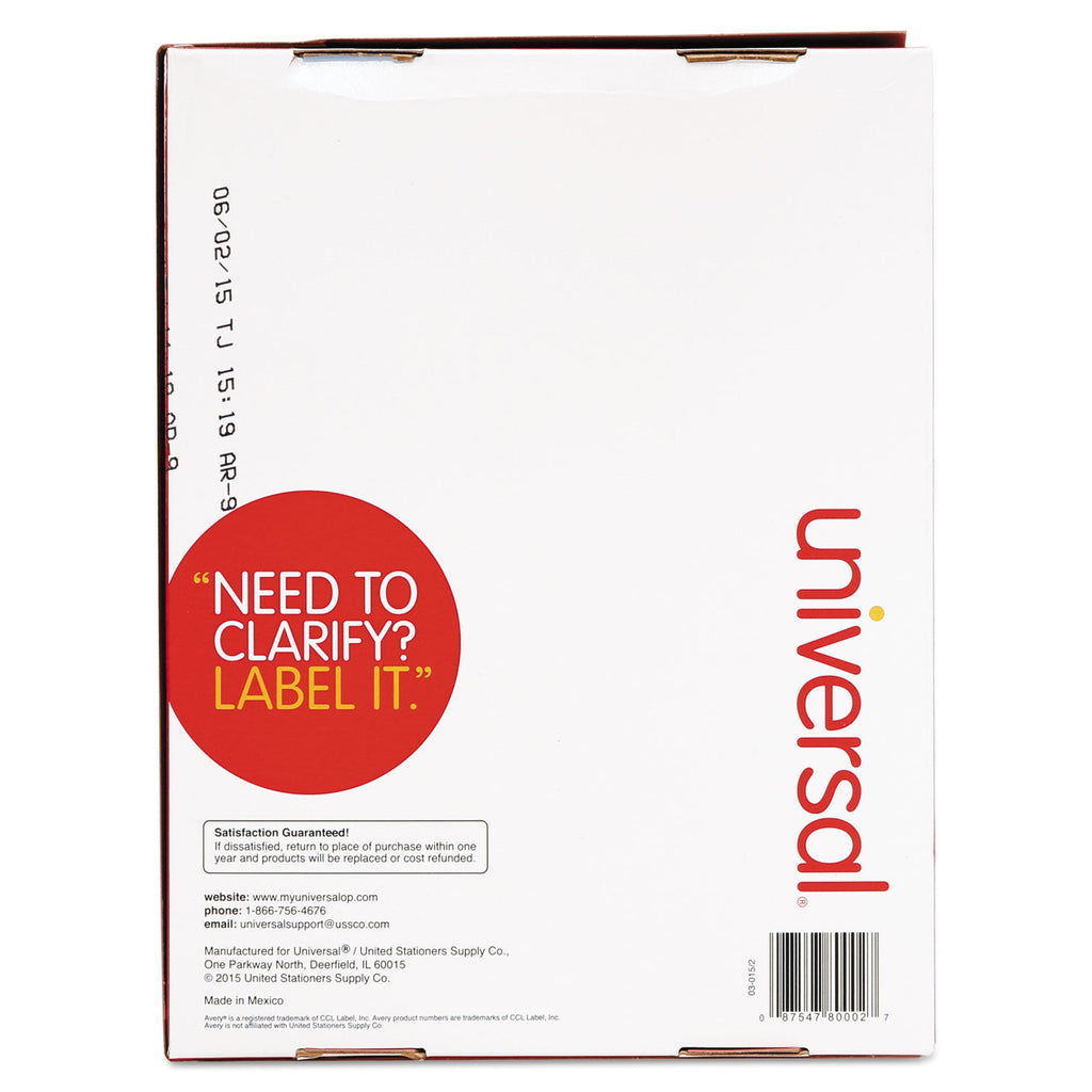 Universal White Labels, Inkjet/Laser Printers, 1 x 4, White, 20/Sheet, 250 Sheets/Box