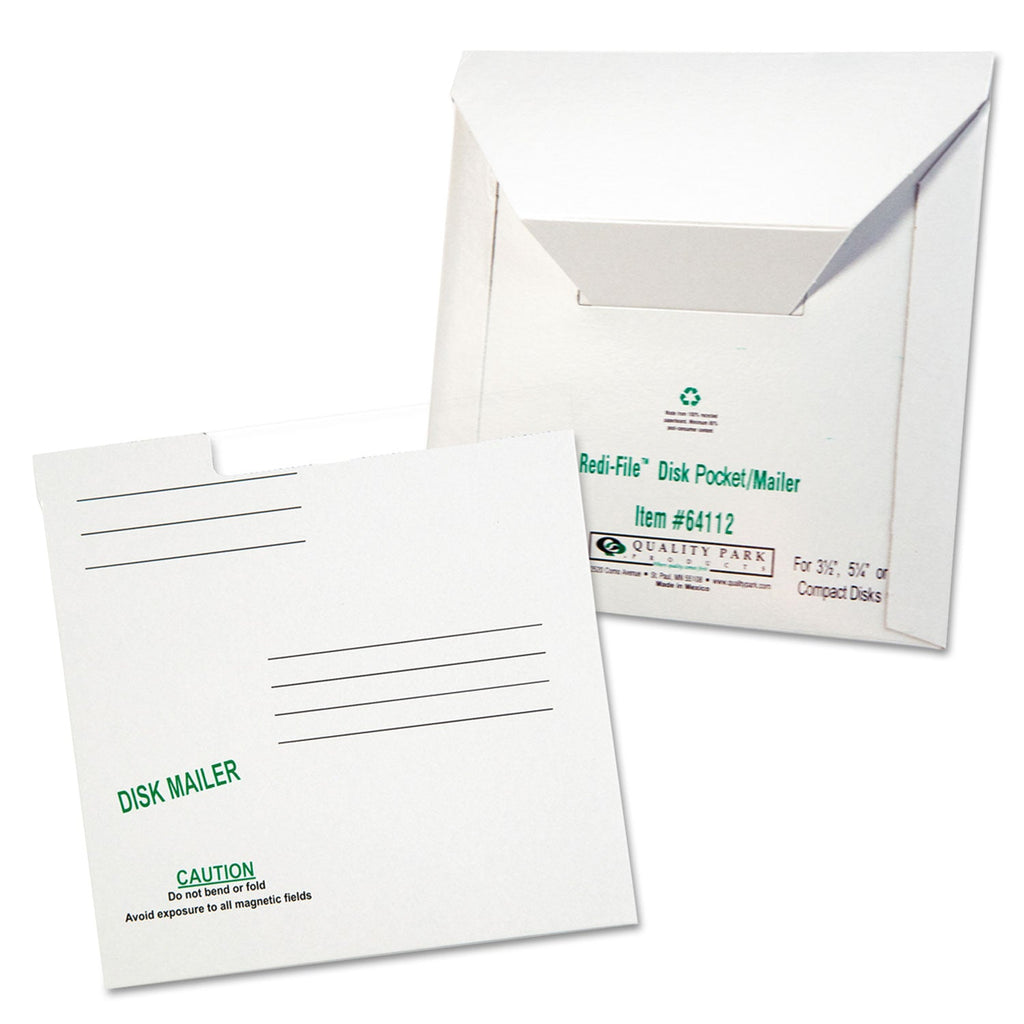Quality Park Redi-File Disk Pocket/Mailer for CDs/DVDs, Square Flap, Tuck-Tab Closure, 6 x 5.88, White, 10/Pack