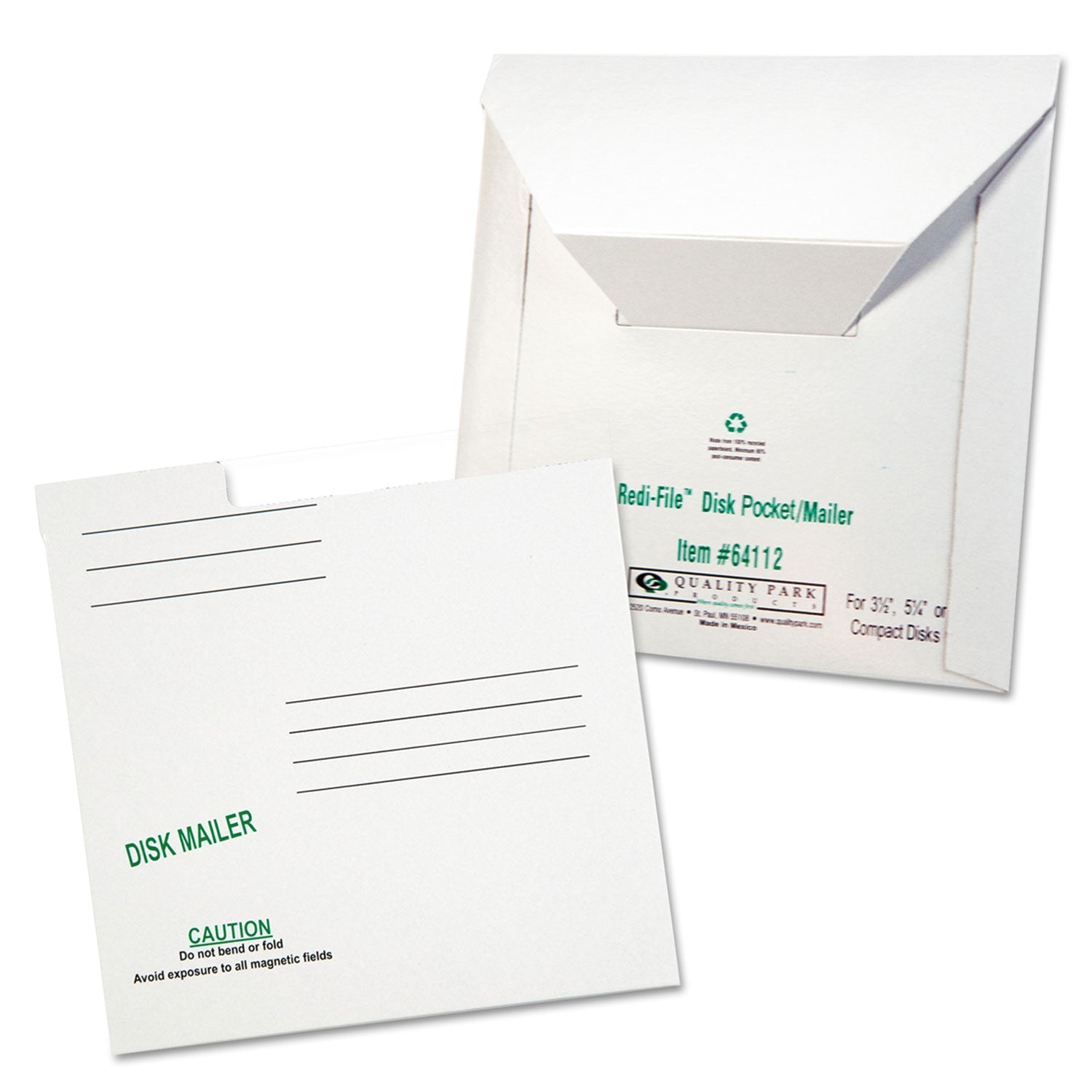 Quality Park Redi-File Disk Pocket/Mailer for CDs/DVDs, Square Flap, Tuck-Tab Closure, 6 x 5.88, White, 10/Pack