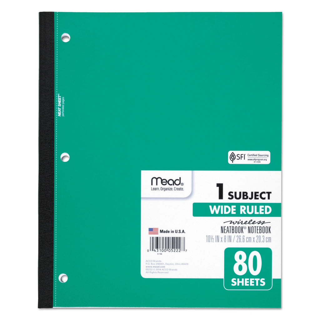 Mead Wireless Neatbook Notebook, 1 Subject, Wide/Legal Rule, Randomly Assorted Covers, 10.5 x 8, 80 Sheets