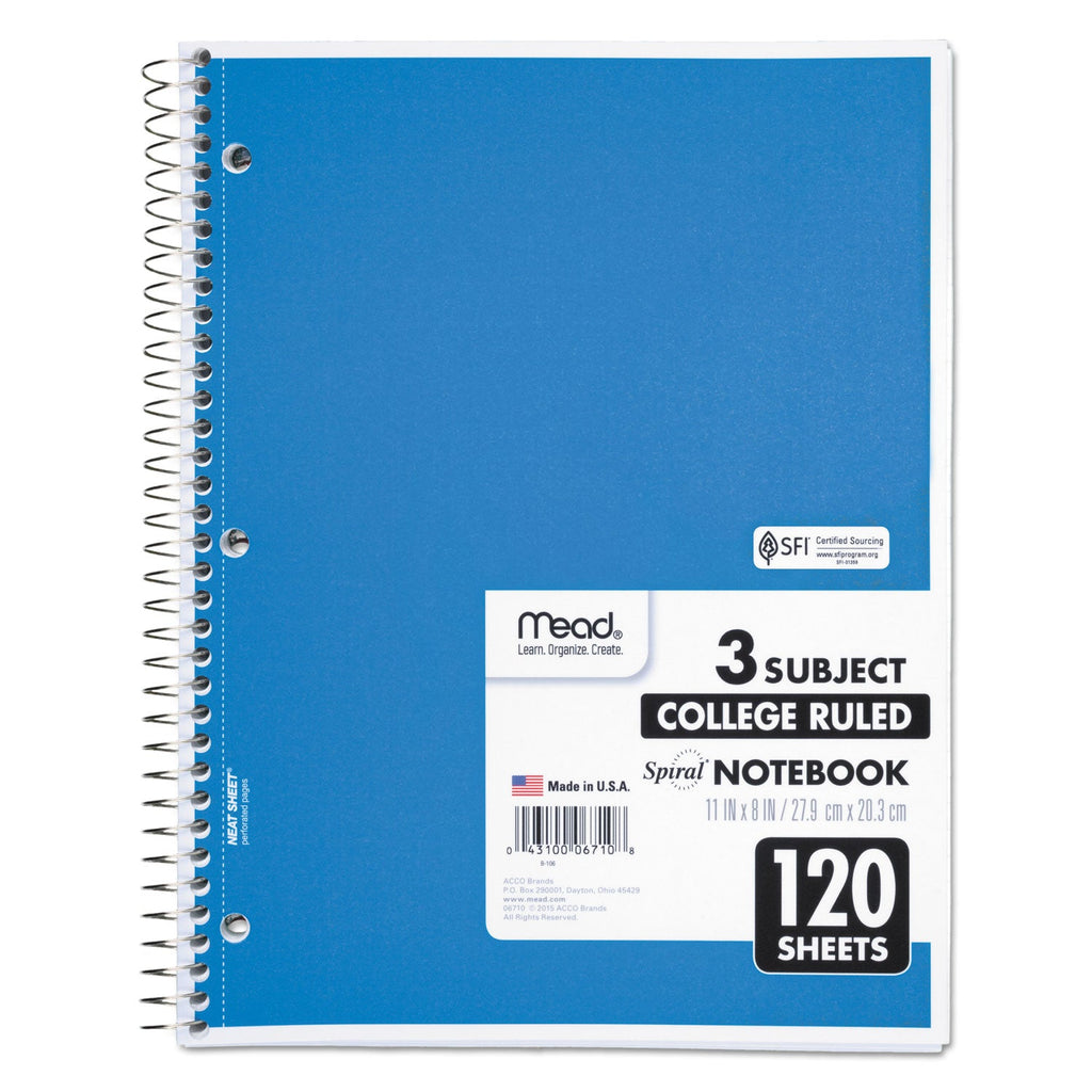 Mead Spiral Notebook, 3 Subject, Medium/College Rule, Randomly Assorted Covers, 11 x 8, 120 Sheets