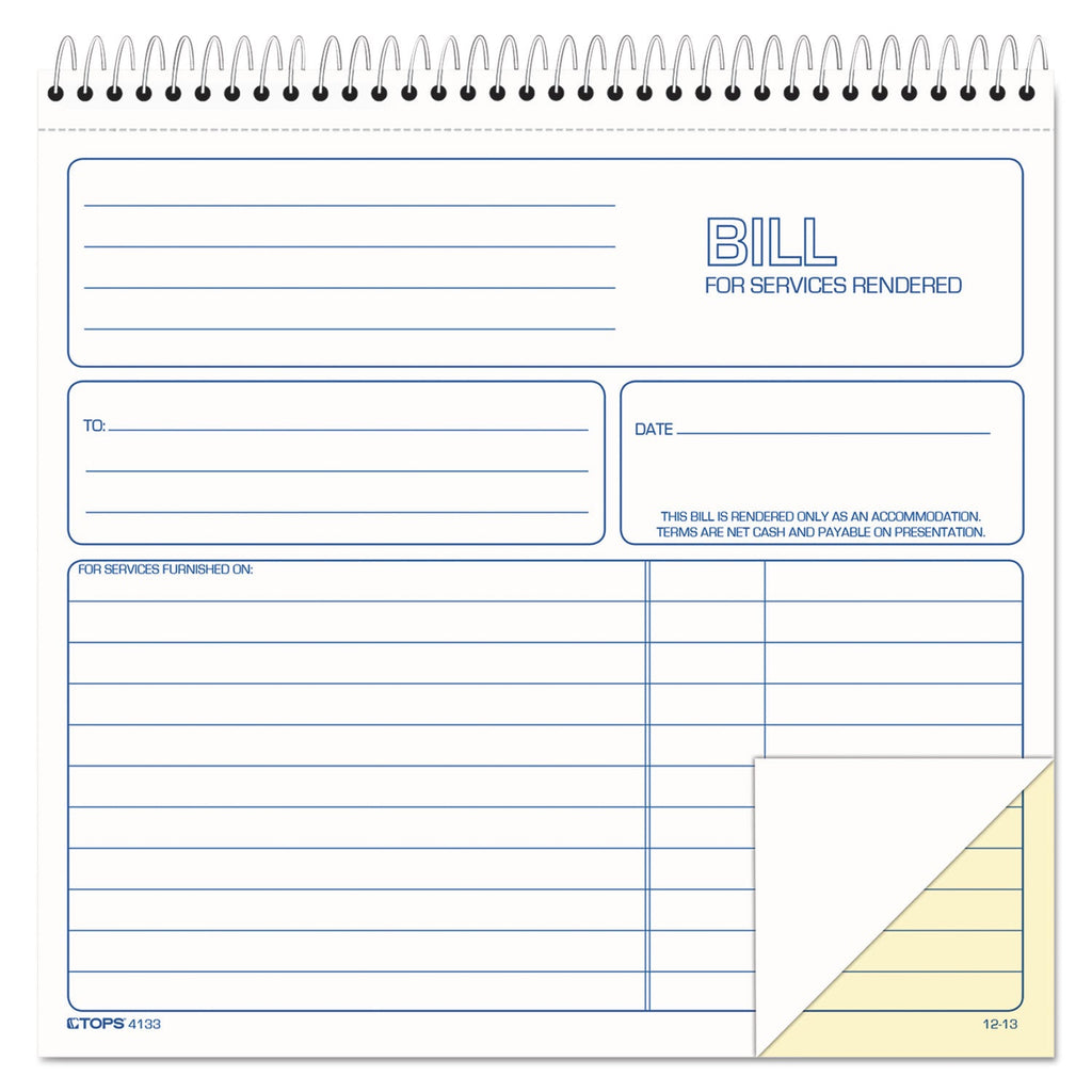 TOPS Spiralbound Service Invoices, Two-Part Carbonless, 8.5 x 7.75, 1/Page, 50 Forms