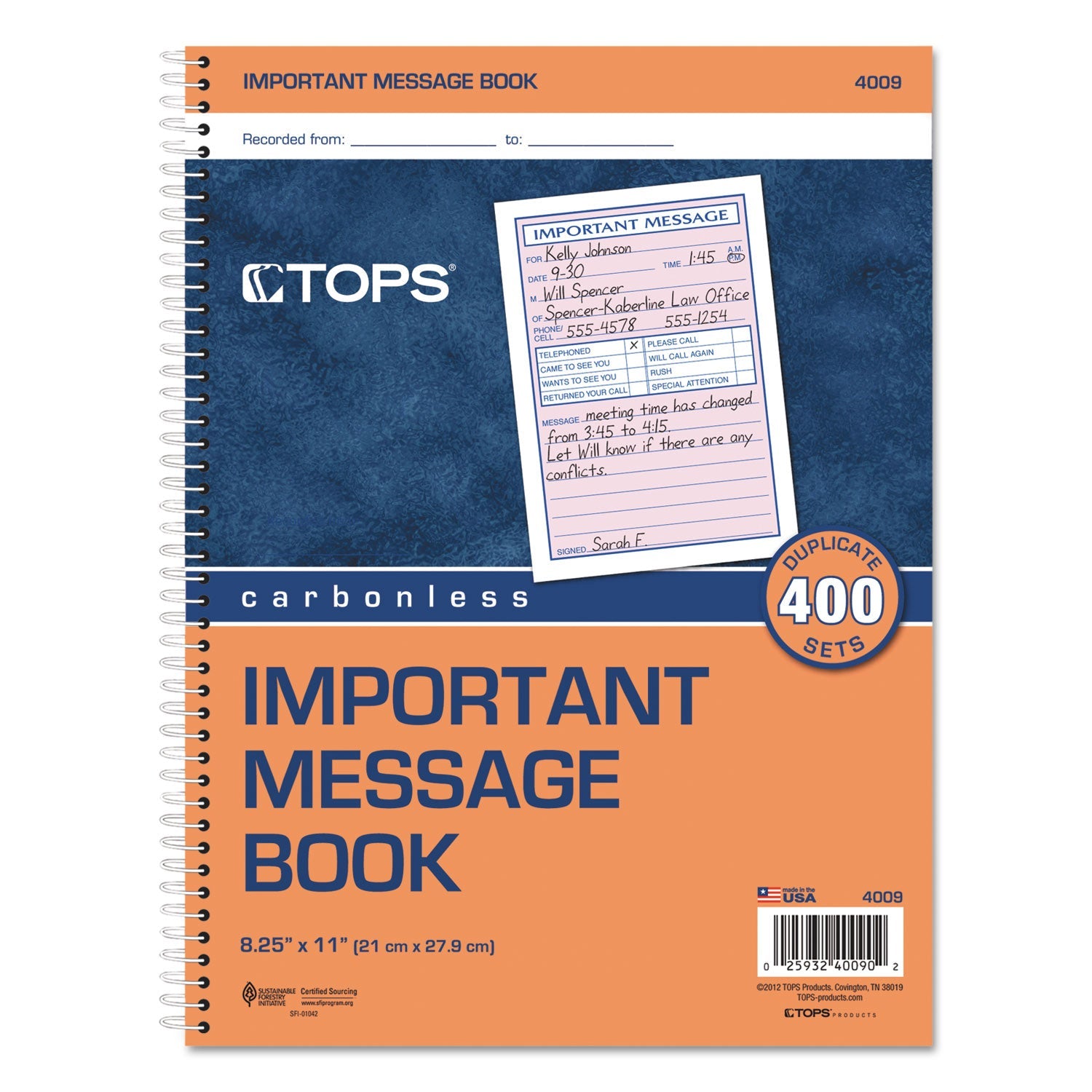 TOPS Telephone Message Book, Fax/Mobile Section, Two-Part Carbonless, 5.5 x 3.88, 4/Page, 400 Forms