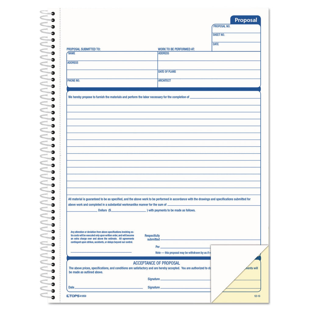 TOPS Spiralbound Proposal Form Book, Two-Part Carbonless, 8.5 x 11, 1/Page, 50 Forms