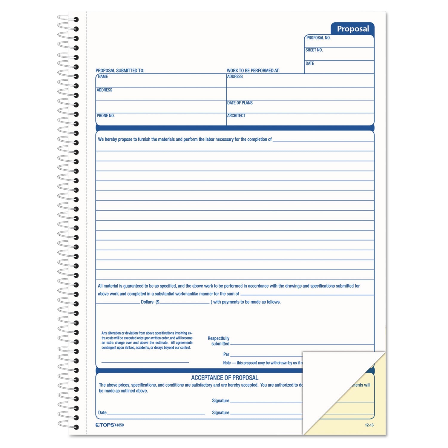 TOPS Spiralbound Proposal Form Book, Two-Part Carbonless, 8.5 x 11, 1/Page, 50 Forms
