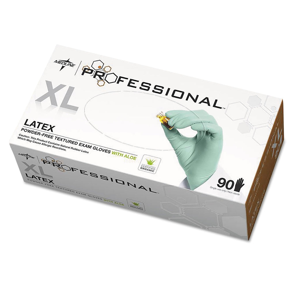 Medline Professional Latex Exam Gloves with Aloe, X-Large, Green, 90/Box